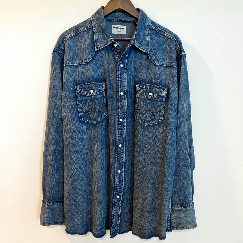 Wrangler Mens XXL Western Denim Shirt Blue Pearl Snap Long Sleeve Frayed Hem